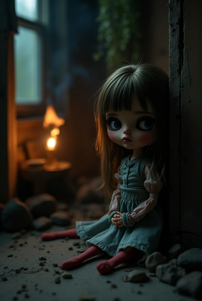 A miniature, detailed and hyper-realistic scene, a very detailed child miniature scene, a disturbing atmosphere, dramatic lighting, a moody and eerie color palette, dark dimly lit abandoned house, horror elements, a cinematic composition, a photorealistic masterpiece.