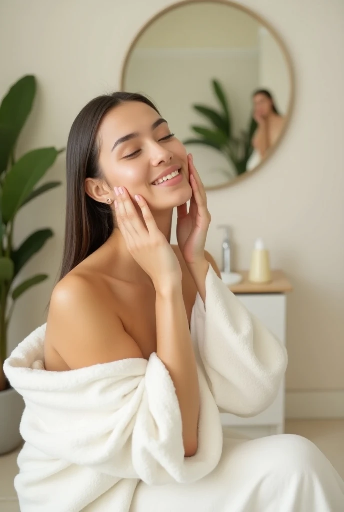 Anikaxxx is beautiful and has radiant, blemish-free skin., in a modern, stylish bathroom with soft, warm lighting. Wear a hair band, leaving his face completely visible. He is applying a white face cream while smiling , reflecting satisfaction and well-being. In the background, beauty products are seen well organized in a clean and tidy environment. The image conveys relaxation, self-care and a focus on natural beauty. (anikaxxx)