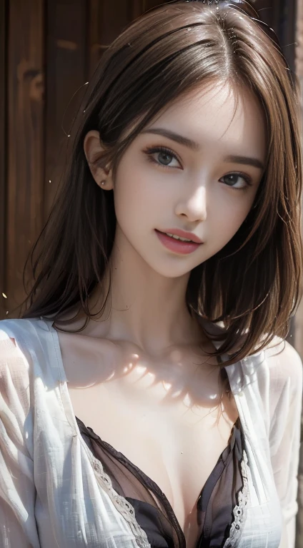 (logo, masterpiece, 8K, Tabletop, RAW Photos, wonderful, 最high quality, Photorealistic and very detailed CG composite 8k wallpaper, high quality, Very detailed, Narrative poem, Particle Effects, Dynamic Effects, Depth of the Boundary, Cinematic Light, Lens flare, Ray Tracing), short hair beautiful young woman, Hair tied back, high detail skin, very fine, fine skin texture, beautiful face, realistic eyes, beautifully detailed eyes, realistic skin, beautiful skin, surreal, smiling eyes, Hair and light eyes, Vibrant, Colorful lights and bokeh. The lighting casts a warm glow on her face and hair, Blue glow, Water surface reflection, Creates a dreamy and magical atmosphere, Big Breasts, Brown Hair, short hair, plump lower lip, pink blush on the cheeks , pink lips, brown tight no-shoulder knit sweater