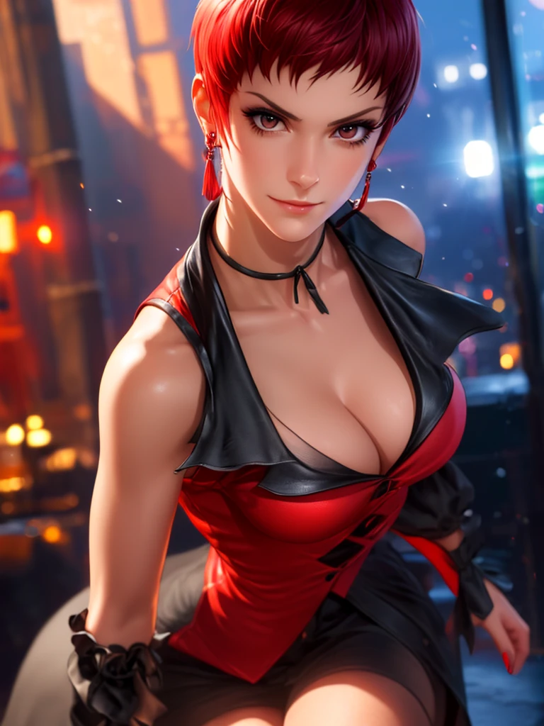 Woman in her 30s, alone, alone, athletic, very short red hair, ultra detailed, looking furiously at viewer with very upset eyes, angry gesture, has demonic costume, digital art, moonlight, young woman, perfect beautiful hands . with perfect fingers, perfect legs, beautiful body, beautiful nose, beautiful character design, perfect face, looks at the viewer (focusing on the entire character), closed mouth, Light_Smile, official art, wallpaper 8k CG extremely detailed unit, lighting perfect, bright and colorful front lighting, glowing skin (masterpiece: 1.0), (best quality: 1.0), ultra high resolution, 4K, ultra detailed photography, 8K, HDR, high resolution, nonsense: 1.2, Kodak portra 400, grain film, blurred background, bokeh: 1.2, lens flare, (vibrant_color: 1.2), professional photography, (beautiful_face: 1.5), (narrow waist)
