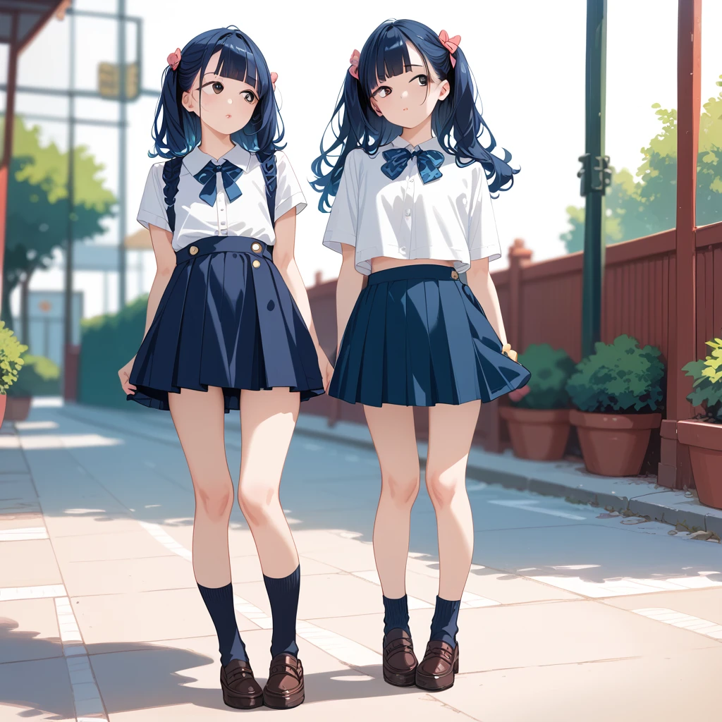 {{masterpiece, best quality, high resolution, perfect anotomy, super fine illustration:1.5, extremely detailed CG, 8k}}, white background,

 1 girl, ((full body)), standing, dynamic pose, looking away, from front,

14_yo, japanese girl, indigo blue hair, long hair, straight hair:1.2, hime cut, silky hair, detailed beautiful hair, wearing school swim suit, knee-high socks, detailed beautiful face and beautiful eyes, ideal ratio face, oval face, rosy cheeks, navy eyes, longeyes, detailed eyelashes, long eyelashes, lower_eyelashes, no glasses, (no makeup), mole under left eye, wide-set eyebrows, thick lips, ideal ratio body proportions:1.2, 7 heads tall, flat chest, clear skin,