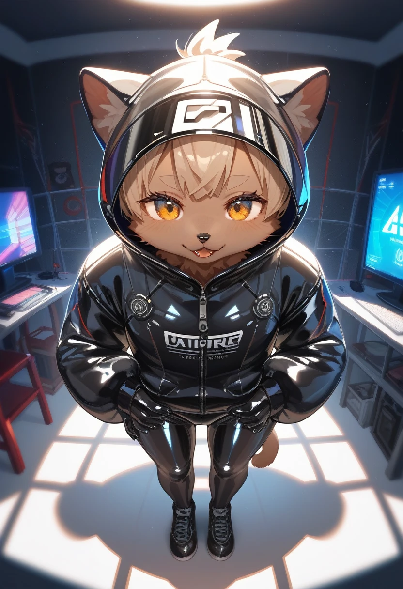 Highest quality, Highest quality, High quality illustrations, masterpiece, Ultra-high resolution, Detailed Background, Games Room, Absurd, Perfect Anatomy, performance, Good lighting, Shadows in the movies(kemono, Furry PersonifiCation), Cat, Dark Skin, Rubber suit, Rubber suit, latex, neon, neonライト, neonカラー, Rubber spats, Rubber Hoodie, Rubber mask, ribbon, Embarrassing, Null bulge, male, juvenile, From above