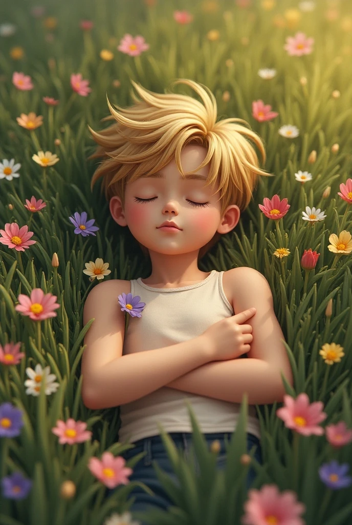 Handsome boy sunny short hair,Sleep on the grass