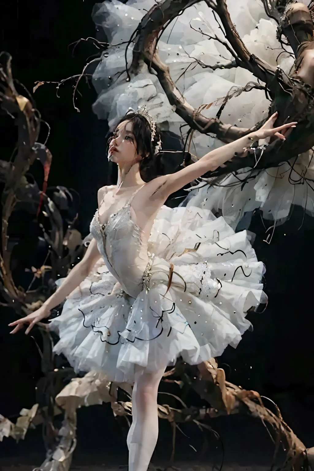 Fantasy , High image quality, 8k, Realistic,photo Realistic,RAWphotograph,photograph, High Resolution , Ultra high definition, 最High image quality, dramatic lighting , Glitter Effect, From below, Midnight, moonlight, Ballet、Swan Lake、Deep Forest Lake、whole body,break,
神秘的な湖の上でmoonlightを浴びて優雅にBalletを踊るプリマドンナの少女、Arabesque Pose、、1 girl、((A gorgeous and delicate white tutu)), semi-long hair holding a bowl, Black Hair ,iris、Beautiful legs、Ballet トウシューズ,