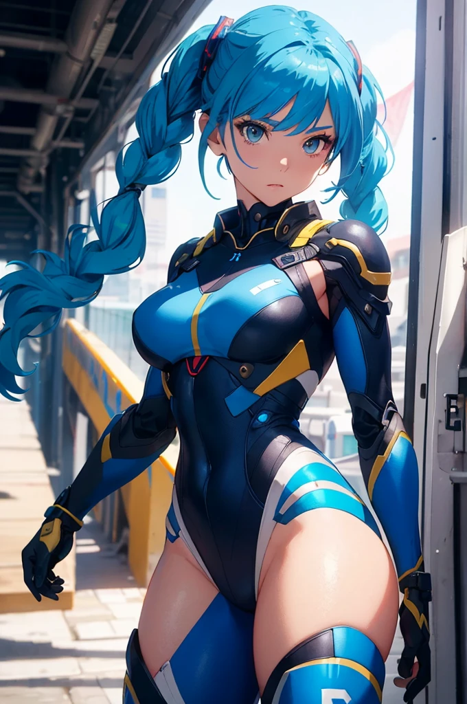 nijii style, braided hair, futuristic mecha pilot with jumpsuit clothing, anime female, perfect character, HDR, 8k, absurdres, cinestill 800, sharp focus, add_detail:2, (solo, woman), female futuristic girl by artgerm, with blue uniform, half-body portrait, detailed. pigtail hair, (bright scene:1.5), cave, (medium breasts), thick thigh, ((medium ass)), depth of field, bokeh, photography, masterpiece, best quality, highres, realistic details, thick thighs,