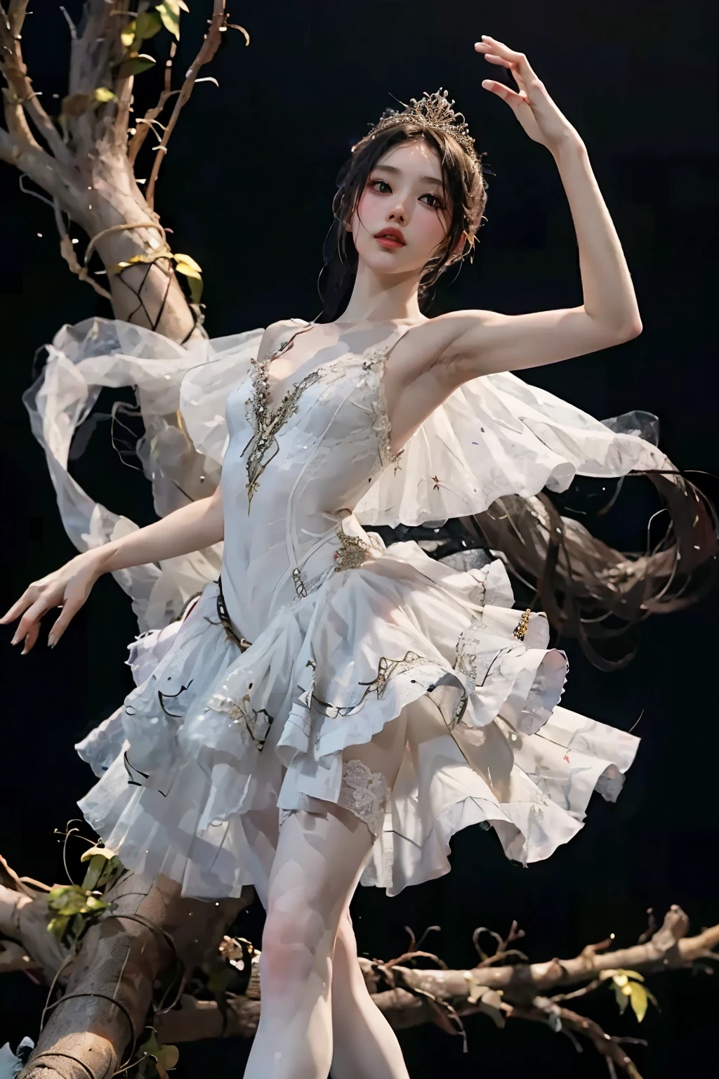 Fantasy , High image quality, 8k, Realistic,photo Realistic,RAWphotograph,photograph, High Resolution , Ultra high definition, 最High image quality, dramatic lighting , Glitter Effect, From below, Midnight, moonlight, Ballet、Swan Lake、Deep Forest Lake、whole body,break,
神秘的な湖の上でmoonlightを浴びて優雅にBalletを踊るプリマドンナの少女、Arabesque Pose、、1 girl、((A gorgeous and delicate white tutu)), semi-long hair holding a bowl, Black Hair ,iris、Beautiful legs、Ballet トウシューズ,
