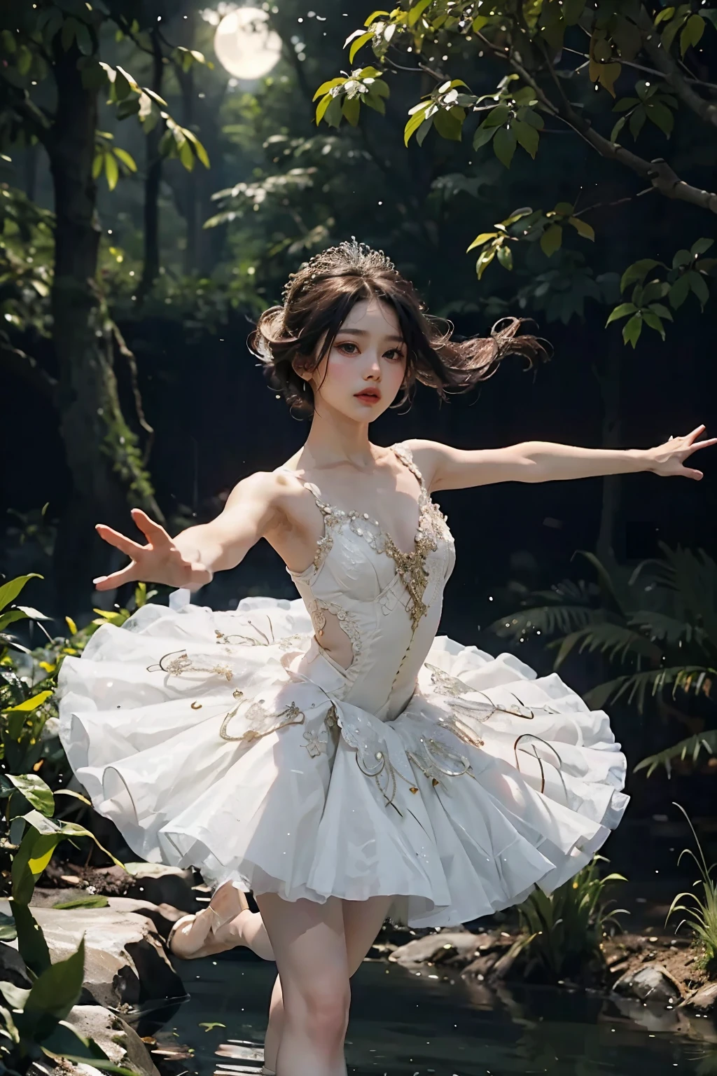 Fantasy , High image quality, 8k, Realistic,photo Realistic,RAWphotograph,photograph, High Resolution , Ultra high definition, 最High image quality, dramatic lighting , Glitter Effect, From below, Midnight, moonlight, Ballet、Swan Lake、Deep Forest Lake、whole body,break,
神秘的な湖の上でmoonlightを浴びて優雅にBalletを踊るプリマドンナの少女、Arabesque Pose、、1 girl、((A gorgeous and delicate white tutu)), semi-long hair holding a bowl, Black Hair ,iris、Beautiful legs、Ballet トウシューズ,