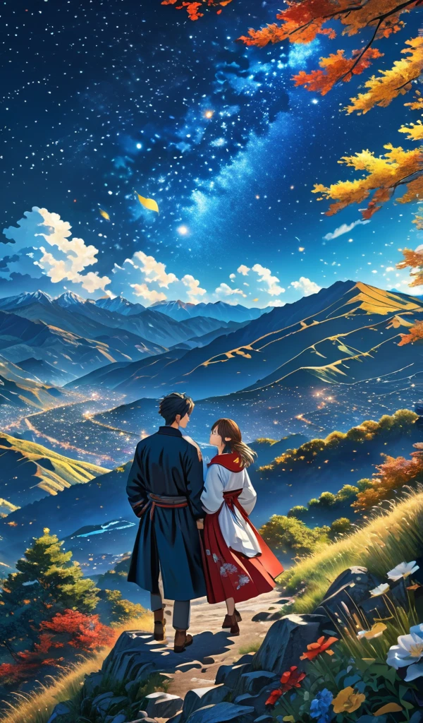  A couple of young people at the top of the mountain enjoying the passing wind,  a starry night sky .
They are socially dressed . (Anime style 32K, HDR, UHD, Intricate detail, Extremely intricate detail, Hyper-realistic, Extremely realistic, High quality, vivid color, Extremely detailed).