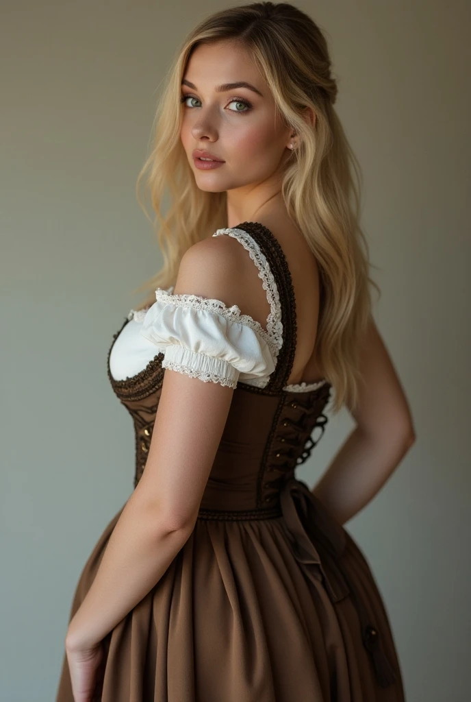 Beautiful 18 year old girl in a maid outfit undresses seductively in front of the viewer, provocatively. Inside a farm in the 19th century