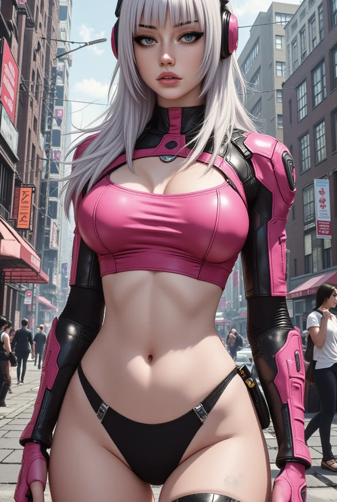 Comic style, Elisa as a character of metal gear solid, slim waist, tiny waist, hourglass bodyshape, cinematic, she has seamless robotic parts joined to her body, white hair, pink robotic parts, skin dentation 