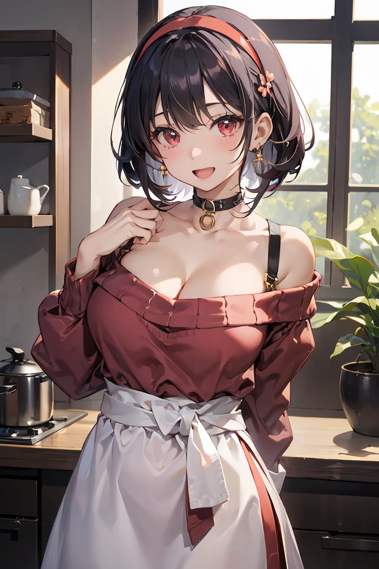 masterpiece, 1girl, Amazing Cleavage:1.3, thin waist, big ass, Raised sexy, medium breast:1.3,posed cleavage:1.2,solo, looking at viewer, open mouth, have a cup of coffee,black hair, red eyes, dress, bare shoulders, jewelry, collarbone, sidelocks, hairband, earrings, indoors, off shoulder, :o, sweater, arms behind back, plant, short hair with long locks, white hairband, off-shoulder dress, sweater dress, off-shoulder sweater, red sweater, big side hair, very long side hair,is rendered in (masterpiece: 1.2, best quality), with (ultra high resolution) and an exquisite (depth of field). This masterpiece is not only visually stunning but also tells, make of cooking some cakes ,in the kitchen,smile,seductive weak smiling,(with sparkling eyes and a contagious smile),open mouth, Looking at Viewer,