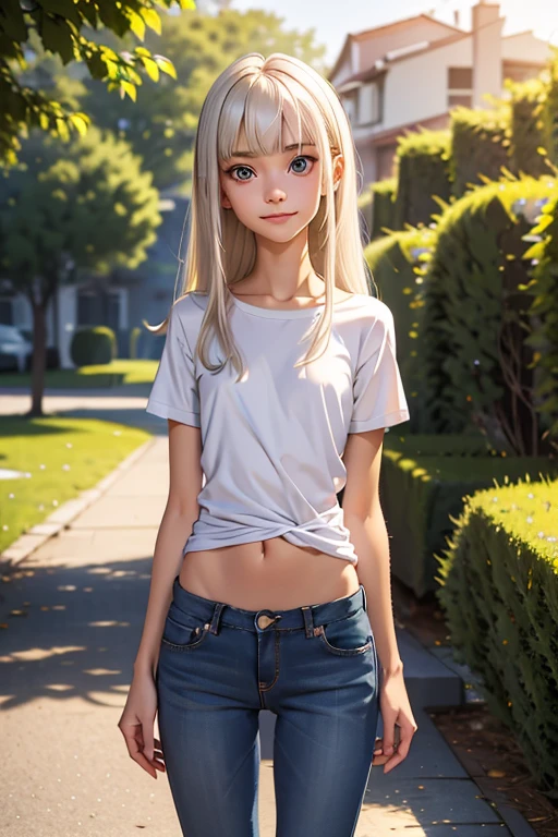 platinum blonde, wavy long hair, blunt bangs,
slim face,thin eyebrows,big aqua eyes,small nose, slim pink lips,small mouth and jawline,
small petite body,very thin complexion,very young tween,skinny ribs,0 fat body,short torso,skinny marked abs,
masterpiece,best quality,HDR, 
dressing an oversized white cotton t-shirt,full body shoot,
smiling, home background

