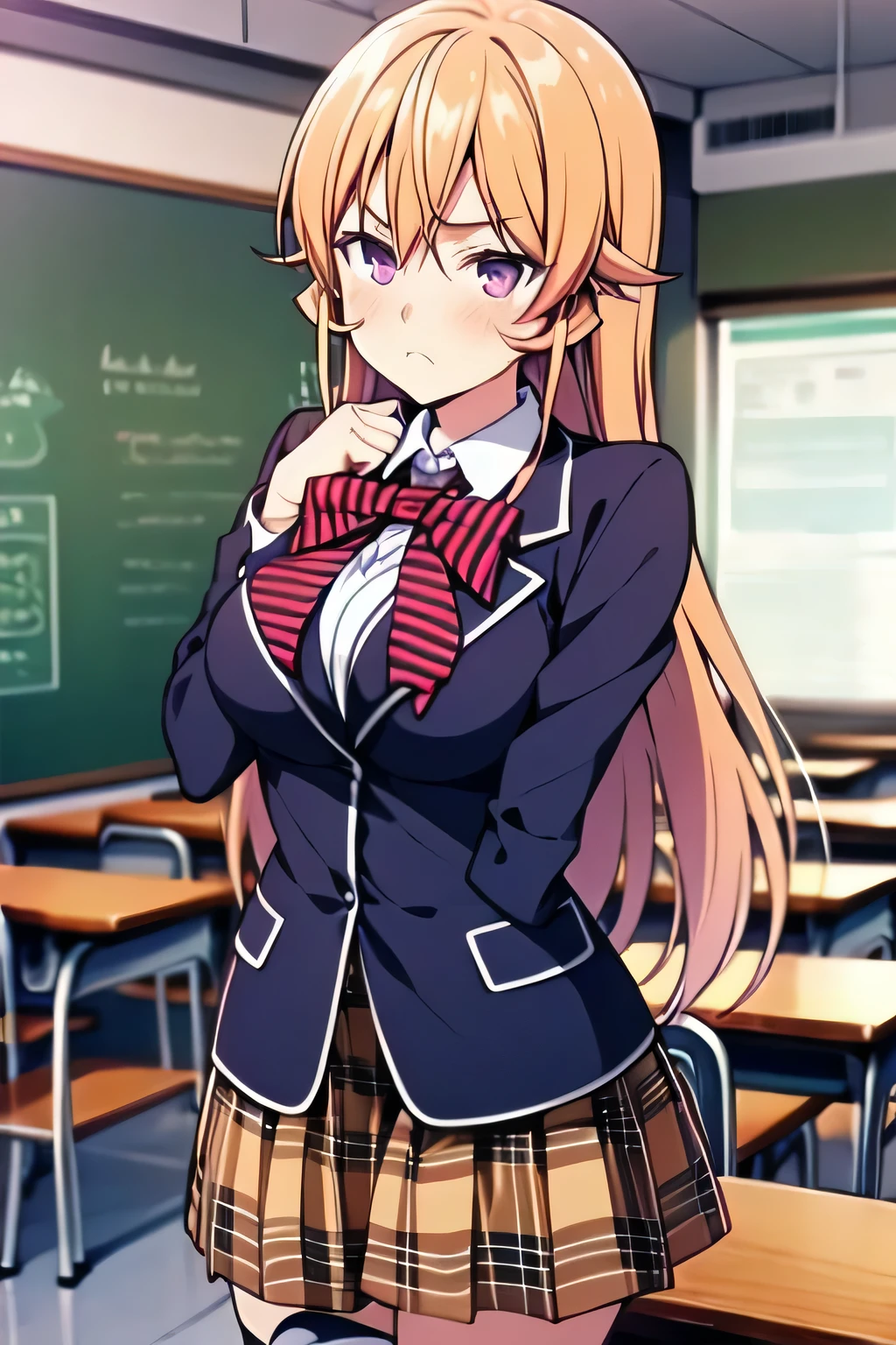 masterpiece, super details, best quality, aaerina, long hair, red bow, striped bow, blazer, blue jacket, long sleeves, plaid skirt, brown skirt, black thighhighs, (frown), hands on behind body, classroom