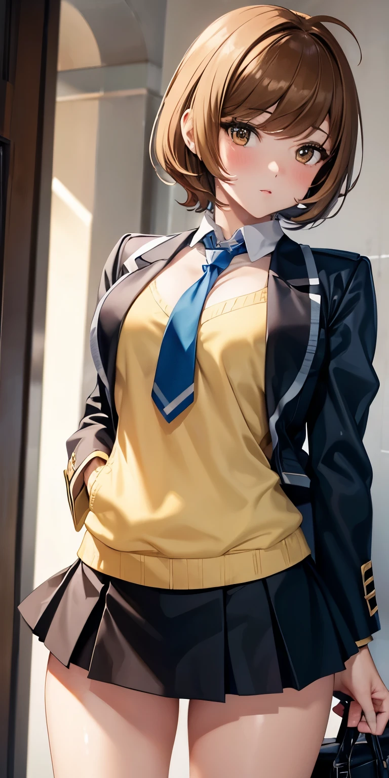 1 Female,High definition,high resolution,Ultra-realistic,8K, hmza, short hair, antenna hair, brown eyes, , blue necktie, (black jacket), yellow shirt,long sleeves,( black skirt),tight skirt , miniskirt,European,sexy,Upper body close-up,Photographed from the front,Dynamic Angles,blush, (big tits ), happy, wink the eye,facial, sweat ,(wide thighs:1.4),(pussy),(show pussy),(pubic hair),(from below),(skirt lift:1.4),(cum on her pussy:1.2)