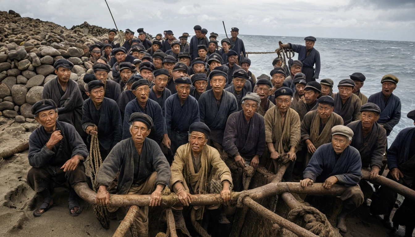 The expression of distress on a ship from the South Sea from China in the 19th century There are many people on a ship