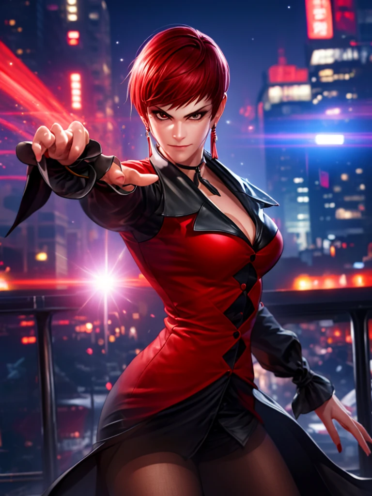 Woman in her 30s, alone, alone, athletic, very short red hair, ultra detailed, looking furiously at viewer with very upset eyes, angry gesture, has demonic costume, digital art, moonlight, young woman, perfect beautiful hands . with perfect fingers, perfect legs, beautiful body, beautiful nose, beautiful character design, perfect face, looks at the viewer (focusing on the entire character), closed mouth, Light_Smile, official art, wallpaper 8k CG extremely detailed unit, lighting perfect, bright and colorful front lighting, glowing skin (masterpiece: 1.0), (best quality: 1.0), ultra high resolution, 4K, ultra detailed photography, 8K, HDR, high resolution, nonsense: 1.2, Kodak portra 400, grain film, blurred background, bokeh: 1.2, lens flare, (vibrant_color: 1.2), professional photography, (beautiful_face: 1.5), (narrow waist)
