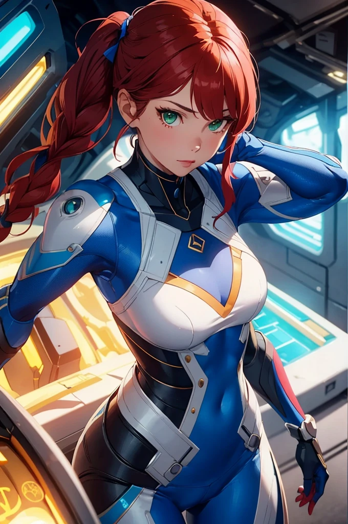 a close up of a woman with red hair and green eyes, steven artgerm lau, extremely detailed artgerm, stanley artgerm lau, lois van baarle and rossdraws, artgerm and lois van baarle, artgerm lau, style artgerm, graphic artist artgerm, stare, portrait knights of zodiac girl. nijii style, braided hair, futuristic mecha pilot with jumpsuit clothing, anime female, perfect character, HDR, 8k, absurdres, cinestill 800, sharp focus, add_detail:2, (solo, woman), female futuristic girl by artgerm, with blue uniform, half-body portrait, detailed. pigtail hair, (bright scene:1.5), cave, (medium breasts), thick thigh, ((medium ass)), depth of field, bokeh, photography, masterpiece, best quality, highres, realistic details, thick thighs,