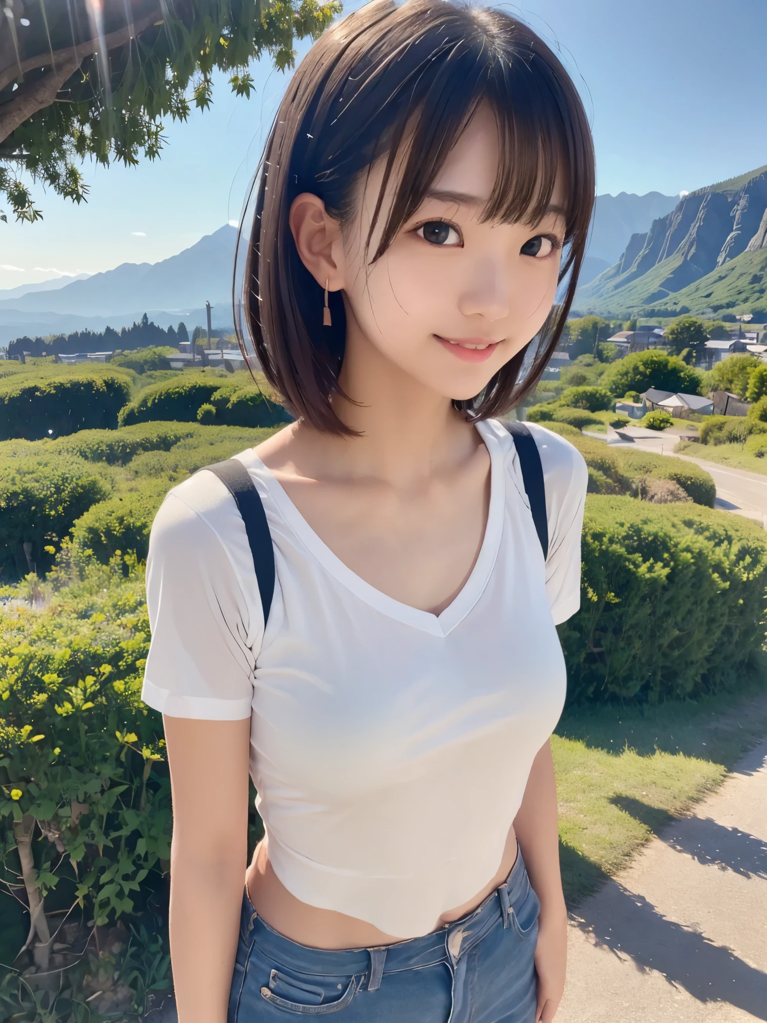 Selfie, captured on GoPro camera, Selfie with the mountain trail in the background, Wearing a T-shirt, Hiker Style, Carry a backpack, smile, Sharp soft lighting, Fisheye Lens,

BREAK,
(((Anatomically correct,perfect anatomy))), nsfw,
(1girl,solo), (yuichan:1.3), petite, Fine clavicle, neat and cute girl, japanese cute girl, beautiful detailed eyes, layered hair, fluffy hair, brown short hair, bangs, glossy lips, (Fine Face),(Fine Eyes), (Clear Face), (Detailed Face Description), (Detailed Hand Description), Realistic, Extreme Light and Shadow, Shiny Skin,Shiny Hair, BREAK, absurdres, (16K, UHD, Top Quality, Masterpiece: 1.2),(Realistic, Photorealistic: 1.37), Physically Based Rendering,Professional Lighting, Photon Mapping, Masterpiece, Rich Detail, Ultra Detailed, Super detailed, highest quality, intricate details, ultra high resolution, (realistic:1.2),
