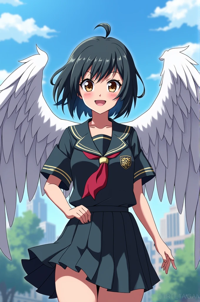 Tomoko (sora no otoshimono), metal collar, ahoge, black hair, brown eyes,hair_ clip, short hair, large breast,  genderswap, genderswap (mtf), robot ears, angel wings , white footwear,  white gloves,  white wings, wings, 	sleeveless, sleeveless dress, short dress, sora no otoshimono, Modern Anime Screencap (Style), Doll Eyes , tongue out, ikaros, A small chain connecting to the metal collar, 
