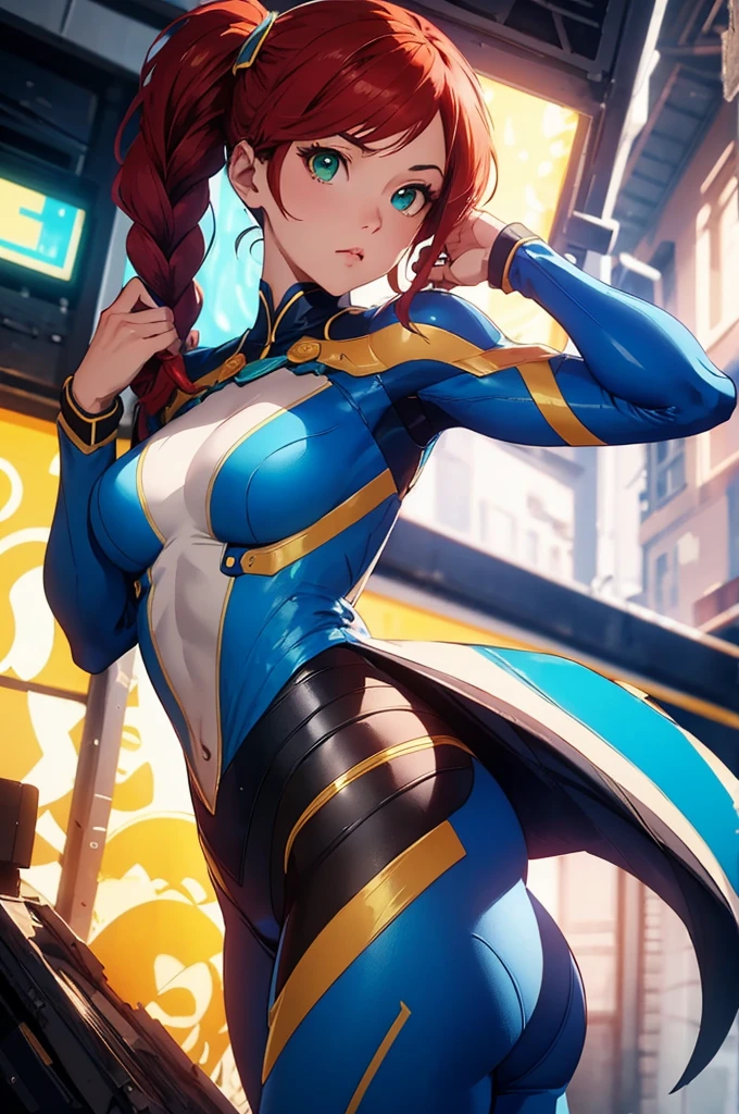 a close up of a woman with red hair and green eyes, steven artgerm lau, extremely detailed artgerm, stanley artgerm lau, lois van baarle and rossdraws, artgerm and lois van baarle, artgerm lau, style artgerm, graphic artist artgerm, stare, portrait knights of zodiac girl. nijii style, braided hair, futuristic mecha pilot with jumpsuit clothing, anime female, perfect character, HDR, 8k, absurdres, cinestill 800, sharp focus, add_detail:2, (solo, woman), female futuristic girl by artgerm, with blue uniform, half-body portrait, detailed. pigtail hair, (bright scene:1.5), cave, (medium breasts), thick thigh, ((medium ass)), depth of field, bokeh, photography, masterpiece, best quality, highres, realistic details, thick thighs,