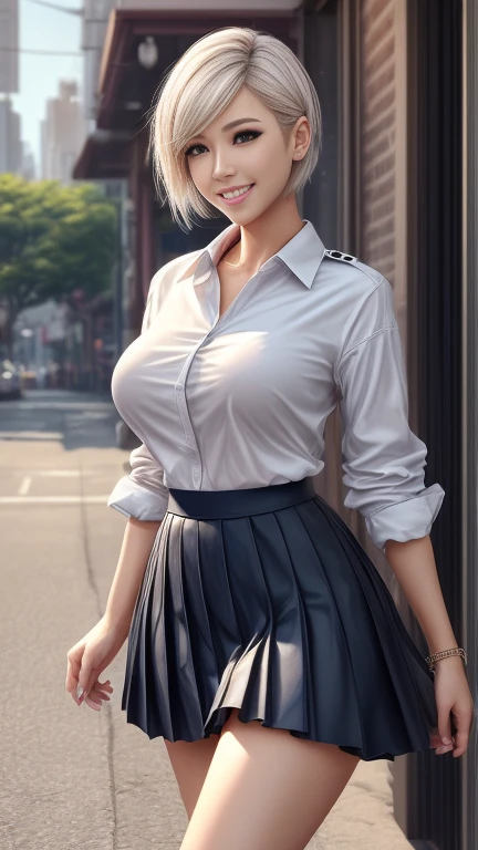 perfection、(Artificial Human Room No. 18, Blonde、short hair, Blue Eyes、Big Breasts、Large Breasts)、Professional illustrations、Professional Lighting、Light and shadow、Extremely detailed depiction、Detailed face、Detailed eyes。(mini skirt、White shirt、Black vest、Leather Belt、Earrings、Pearl Necklace)、sexy、nsfw、Focus on the eyes、Cowboy Shot、Best Angle、(rooftop、Wind、Shyness、shame、Shy laugh、Hand holding down skirt)
