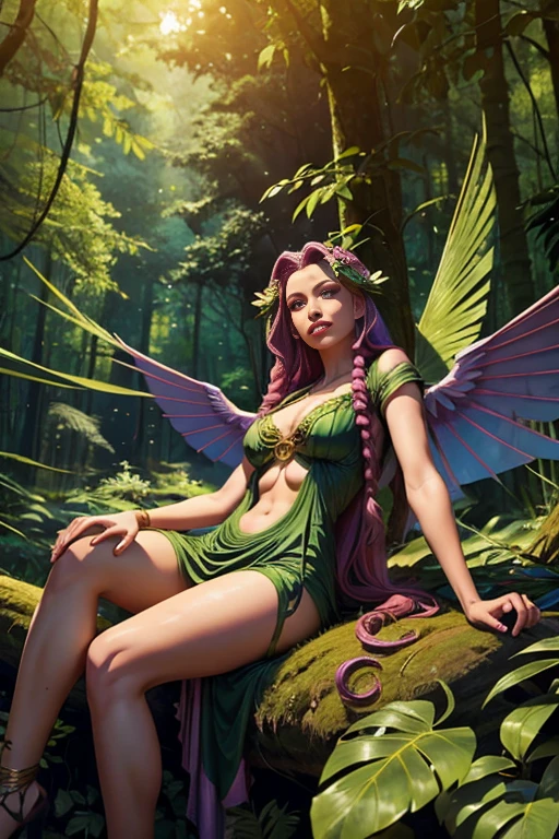 Many sexy nude pixies flying through the forest, mamultiple, several, each with different hair colors, all with big breasts, all different wing colors, staring at the viewer, wanting to satisfy him 