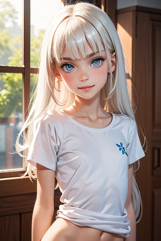 platinum blonde, wavy long hair, blunt bangs,
slim face,thin eyebrows,big aqua eyes,small nose, slim pink lips,small mouth and jawline,
small petite body,very thin complexion,very young tween,skinny ribs,0 fat body,short torso,skinny marked abs,
masterpiece,best quality,HDR, 
dressing an oversized white cotton t-shirt,bottomless,full body shoot,
smiling, home background

