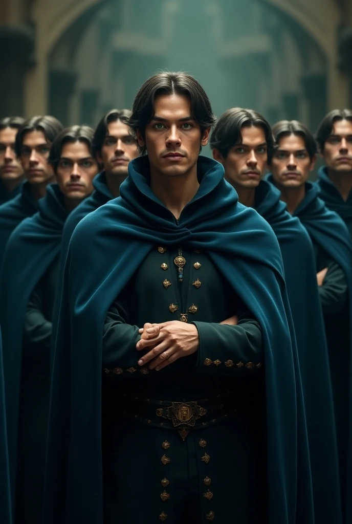 a young king 25 age black hair very white skin deep ocean blue eye sitting on throne, wearing a straight black wristband and black warrior outfit without crown but hes oufit have do dot needles. behind of king 3 guys standing. 1 guy blonde 2 guy brunette. king smiles sarcastically looks intelligence. background is royal palace but looks dark and stifling. realistic like medieval They are far away and slightly above king is muclar and looks like warrior