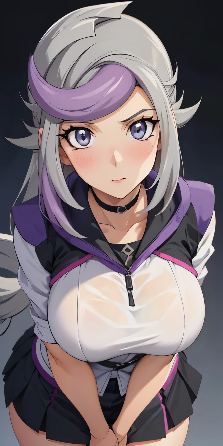 1 Female,High definition,high resolution,Ultra-realistic,8K, 1girl, (ghost_girl:1.2), (grey hair:1.2),(purple hair:1.2), grey eyes, low-tied long hair, black skirt, miniskirt,tight skirt, large breasts,European,sexy,Upper body close-up,Photographed from the front,Dynamic Angles,private teacher,blush, medium tits, 4k, high resolution, detailed face,((upper body)),(top view)