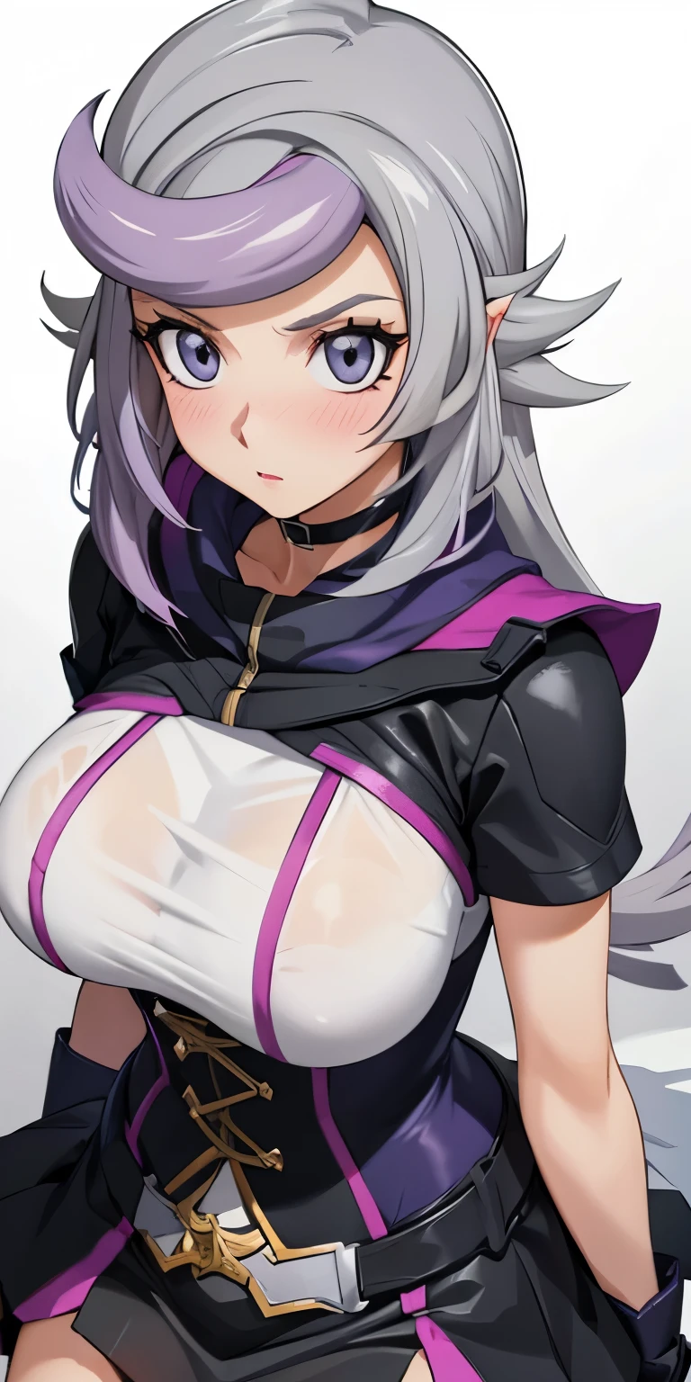 1 Female,High definition,high resolution,Ultra-realistic,8K, 1girl, (ghost_girl:1.2), (grey hair:1.2),(purple hair:1.2), grey eyes, low-tied long hair, black skirt, miniskirt,tight skirt, large breasts,European,sexy,Upper body close-up,Photographed from the front,Dynamic Angles,private teacher,blush, medium tits, 4k, high resolution, detailed face,((upper body)),(top view)