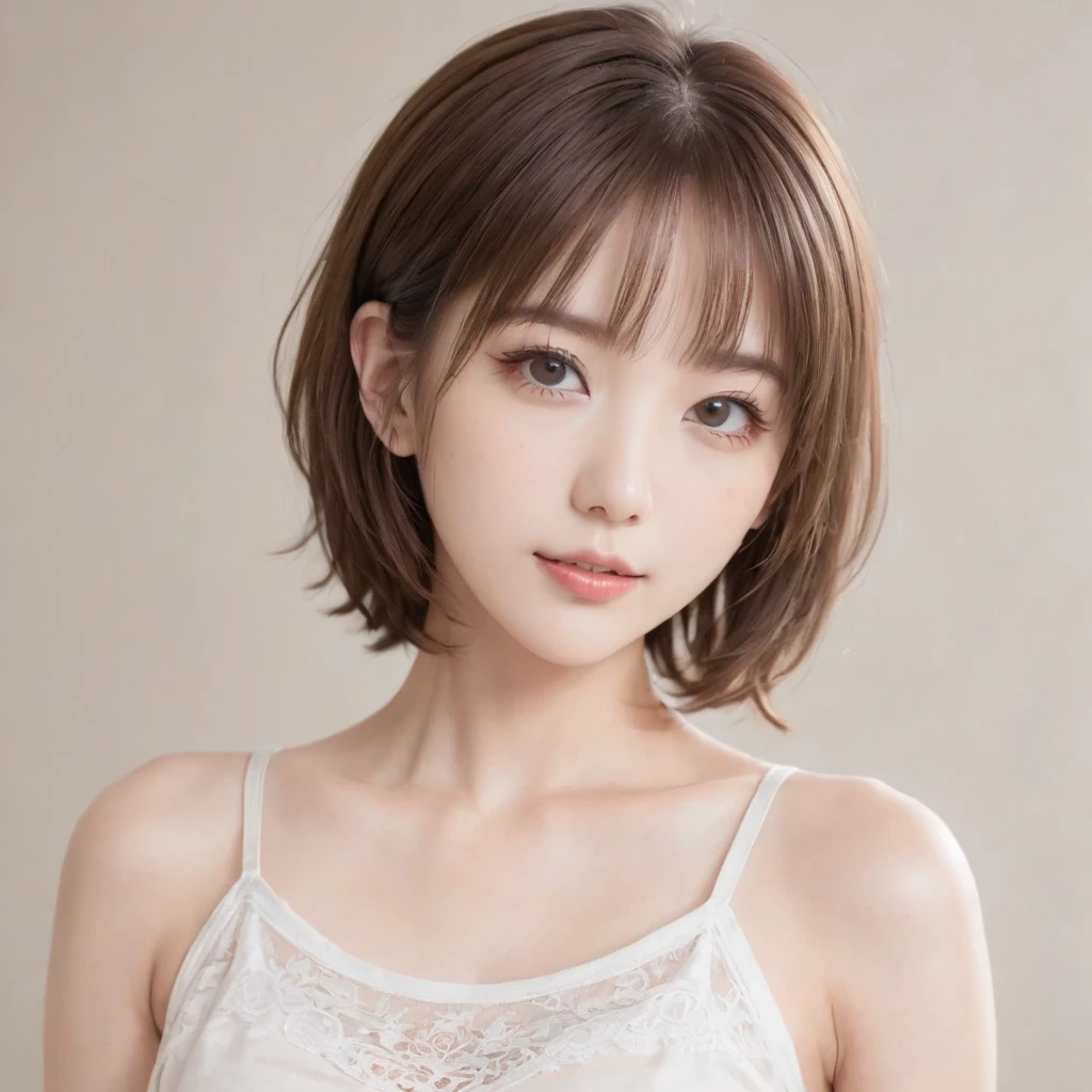 Japanese, Petite women,  Physical build, , Long, narrow eyes, A fleeting atmosphere, Age 30, Brown bob hair, ((Thin lips)), White underwear, necessity, Best Quality, Detailed skin, Detailed face, Detailed eyes, 8k, good anatomy, Upper body portrait