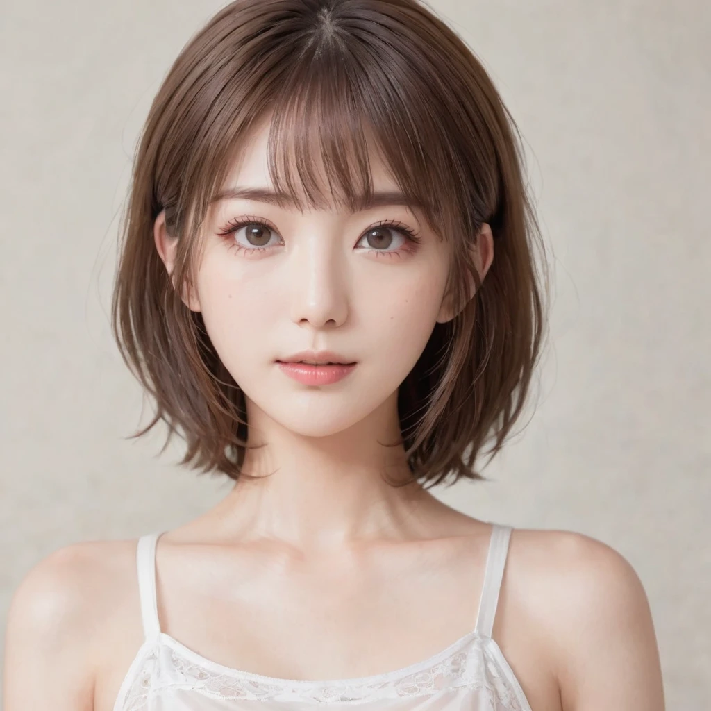 Japanese, Petite women,  Physical build, , Long, narrow eyes, A fleeting atmosphere, Age 30, Brown bob hair, ((Thin lips)), White underwear, necessity, Best Quality, Detailed skin, Detailed face, Detailed eyes, 8k, good anatomy, Upper body portrait