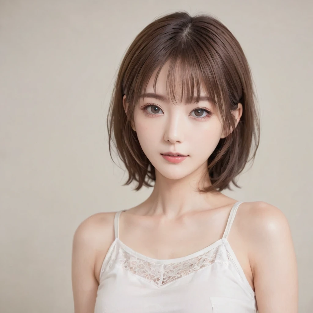 Japanese, Petite women,  Physical build, , Long, narrow eyes, A fleeting atmosphere, Age 30, Brown bob hair, ((Thin lips)), White underwear, necessity, Best Quality, Detailed skin, Detailed face, Detailed eyes, 8k, good anatomy, Upper body portrait