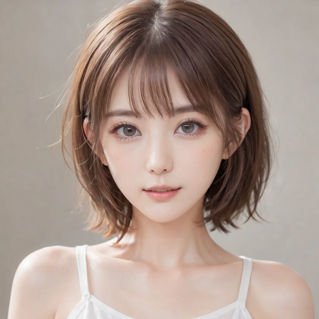 Japanese, Petite women,  Physical build, , Long, narrow eyes, A fleeting atmosphere, Age 30, Brown bob hair, ((Thin lips)), White underwear, necessity, Best Quality, Detailed skin, Detailed face, Detailed eyes, 8k, good anatomy, Upper body portrait