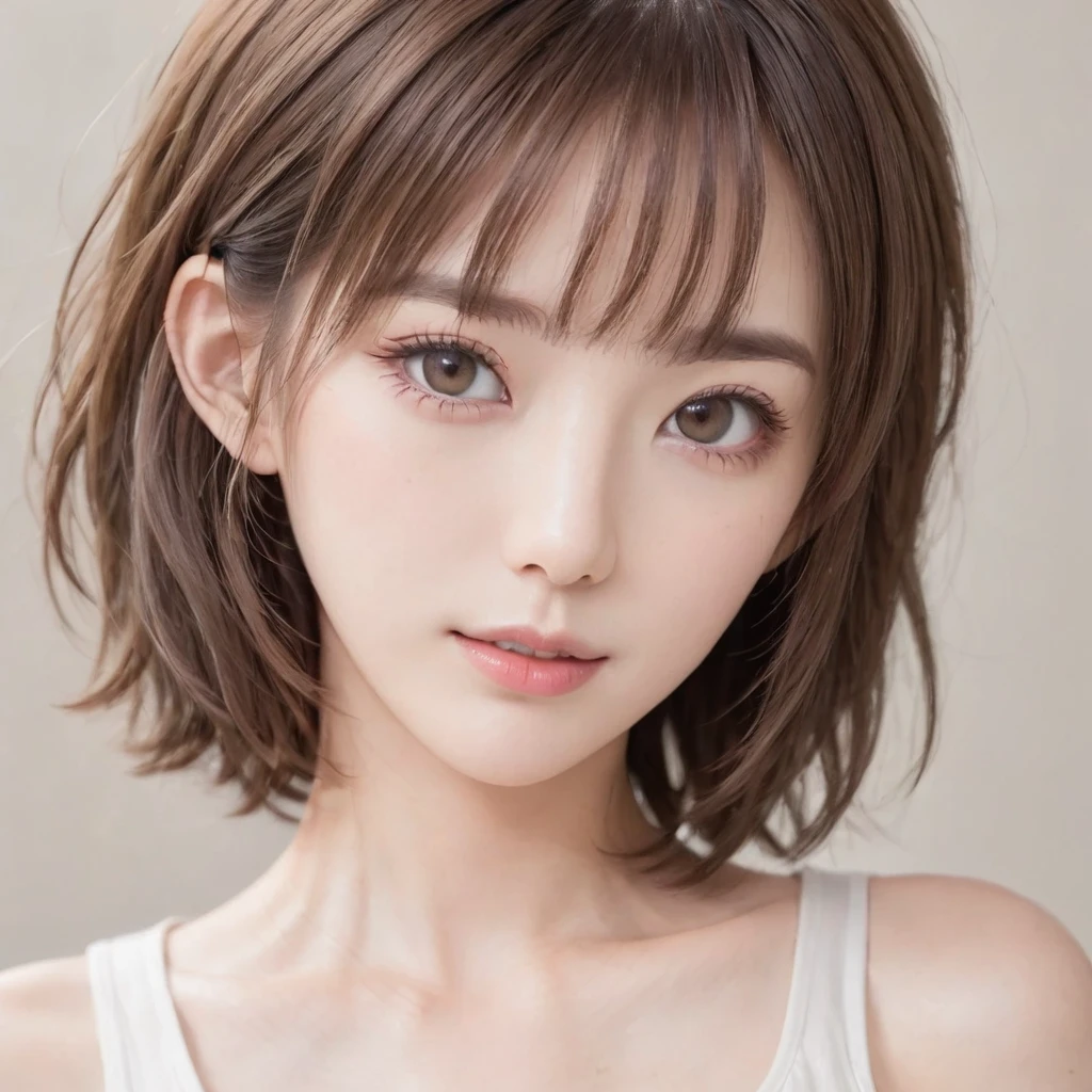 Japanese, Petite women,  Physical build, , Long, narrow eyes, A fleeting atmosphere, Age 30, Brown bob hair, ((Thin lips)), White underwear, necessity, Best Quality, Detailed skin, Detailed face, Detailed eyes, 8k, good anatomy, Upper body portrait