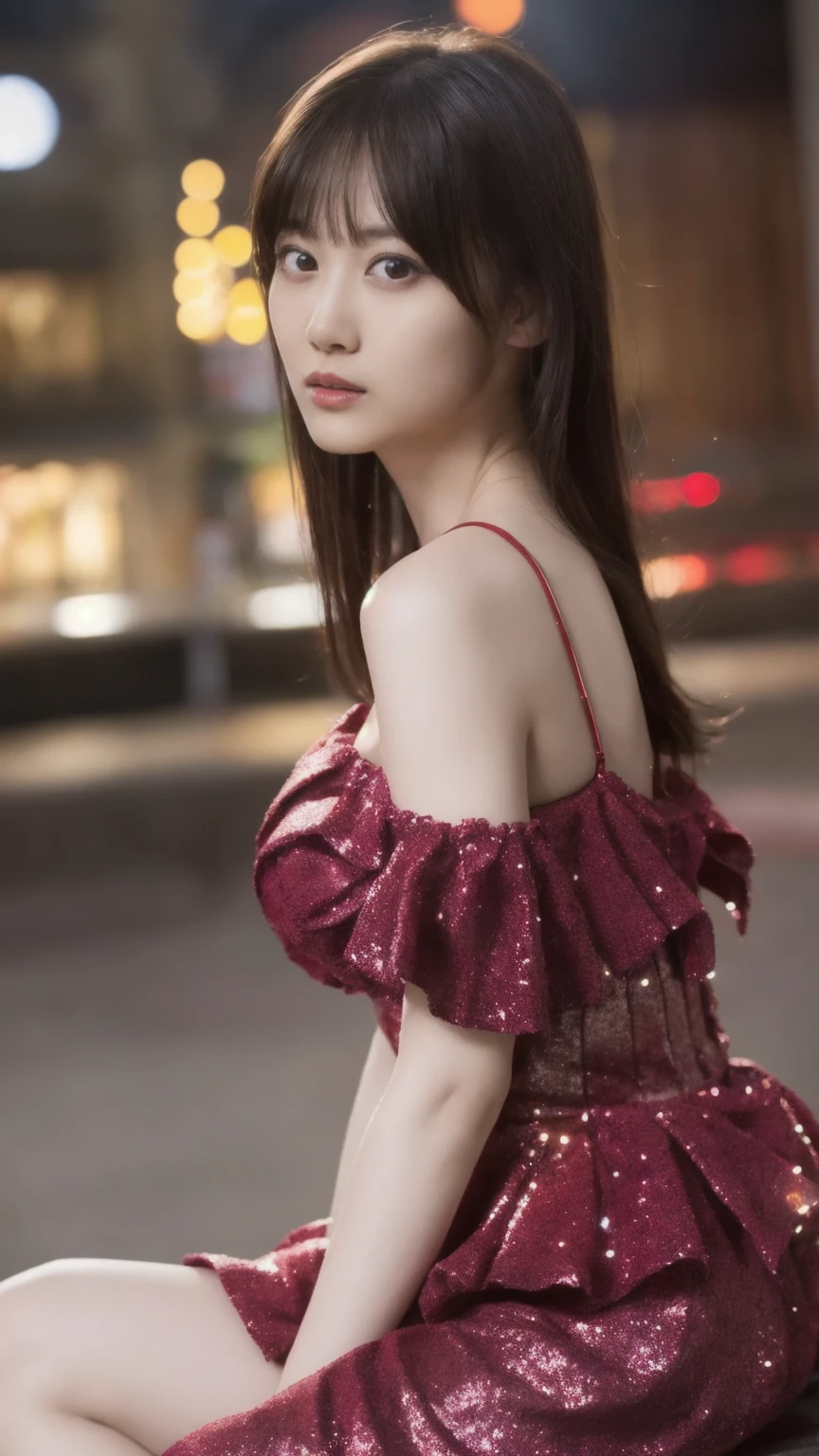 8k, masterpiece, Raw photo, highest quality, realistic, Extreme Detail CG Unity 8k Wallpapers, Depth of the bounds written, cinematic light, Lens flare, ray tracing, (very beautiful face, beautiful lips, beautiful eyes), face with intricate details, ((ultra detail skin)) 1 girl, dark in, deep shadow, cute korean girl, K-POPアイドル, 1 girl, (very slender and muscular body:1.3), ((looking up at the viewer)),(smile:1.2), (midnight, dark night, (neon sign), (blurred background), faint light), (no people in the background.:1.3), beautiful earrings, Wristband, necklace, pantyhose, clear eyes, walk , front shot, (white skin), (Big eyes), facing forward, (full body shot), (light brown hair), open the navel...., (looking up at the viewer:1.3), very slim, medium breasts, (Camel Tweedium's butt, (hot pink dress), (silk dress), (super mini skirt), return, ((returnshot)), (((street)))