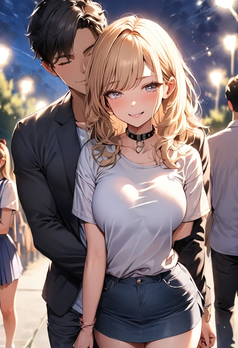 1 person girl、top-quality、超A high resolution、Colossal tits、breastsout、Wavy blonde hair、Picture-perfect face、、Beautiful expression、beauitful face、beautidful eyes、High School Uniforms、Schoolgirl Uniform、a miniskirt、White T-Pack、beauty legs、Background of the route to school、Among the crowded people on the road、(Lots of schoolboys on the road、Male molesters、Molestation on the road)、(((( Man standing behind schoolgirl、A man lifts a skirt from behind a schoolgirl、A man grabs a schoolgirl's ass from behind、A man grabs a schoolgirl's chest from behind、Touching the chest))))、((During insertion SEX))　、Ejaculation on the body、Massive ejaculation)、fear expression、blushed face、