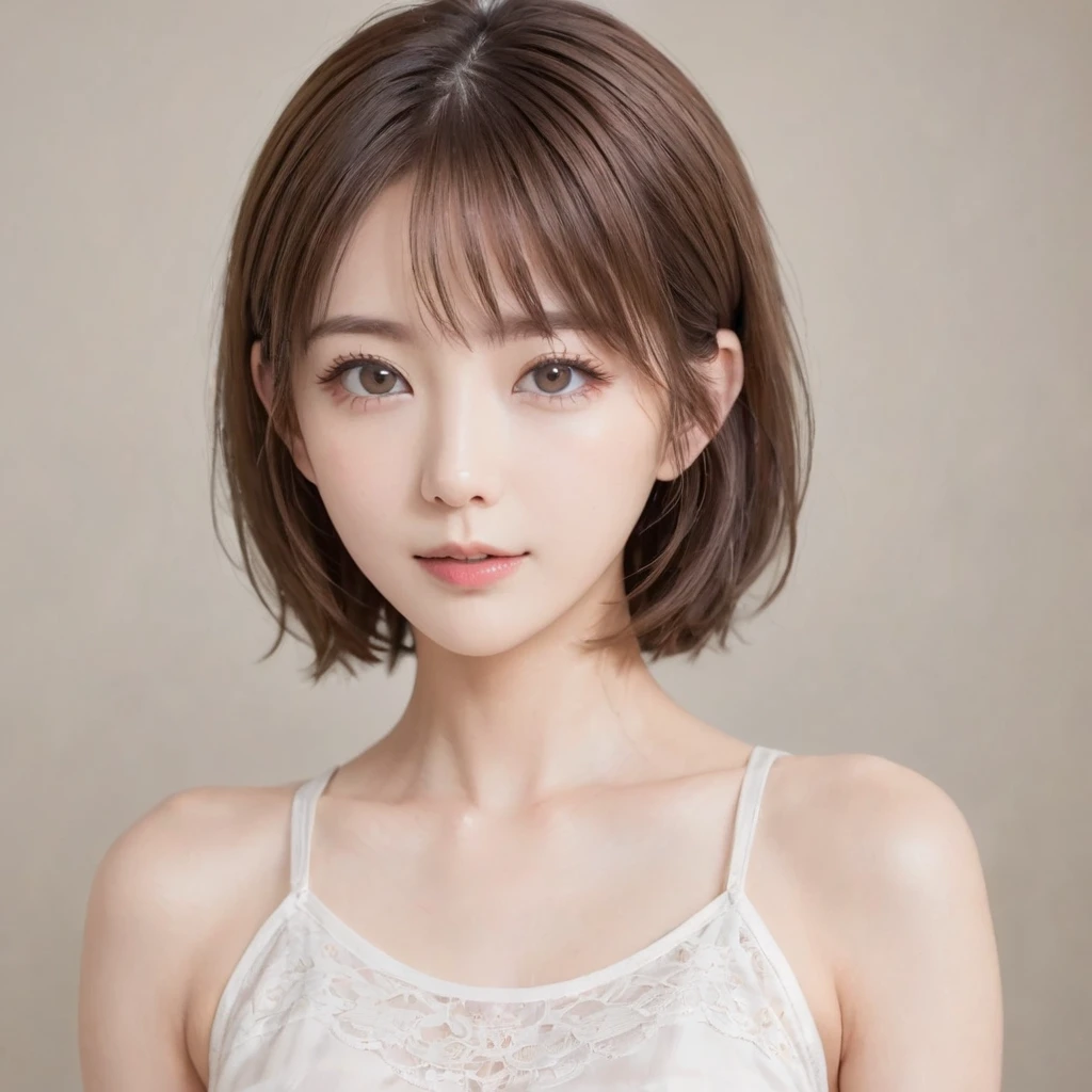 Japanese, Petite women,  Physical build, , Long, narrow eyes, A fleeting atmosphere, Age 30, Brown bob hair, ((Thin lips)), White underwear, necessity, Best Quality, Detailed skin, Detailed face, Detailed eyes, 8k, good anatomy, Upper body portrait