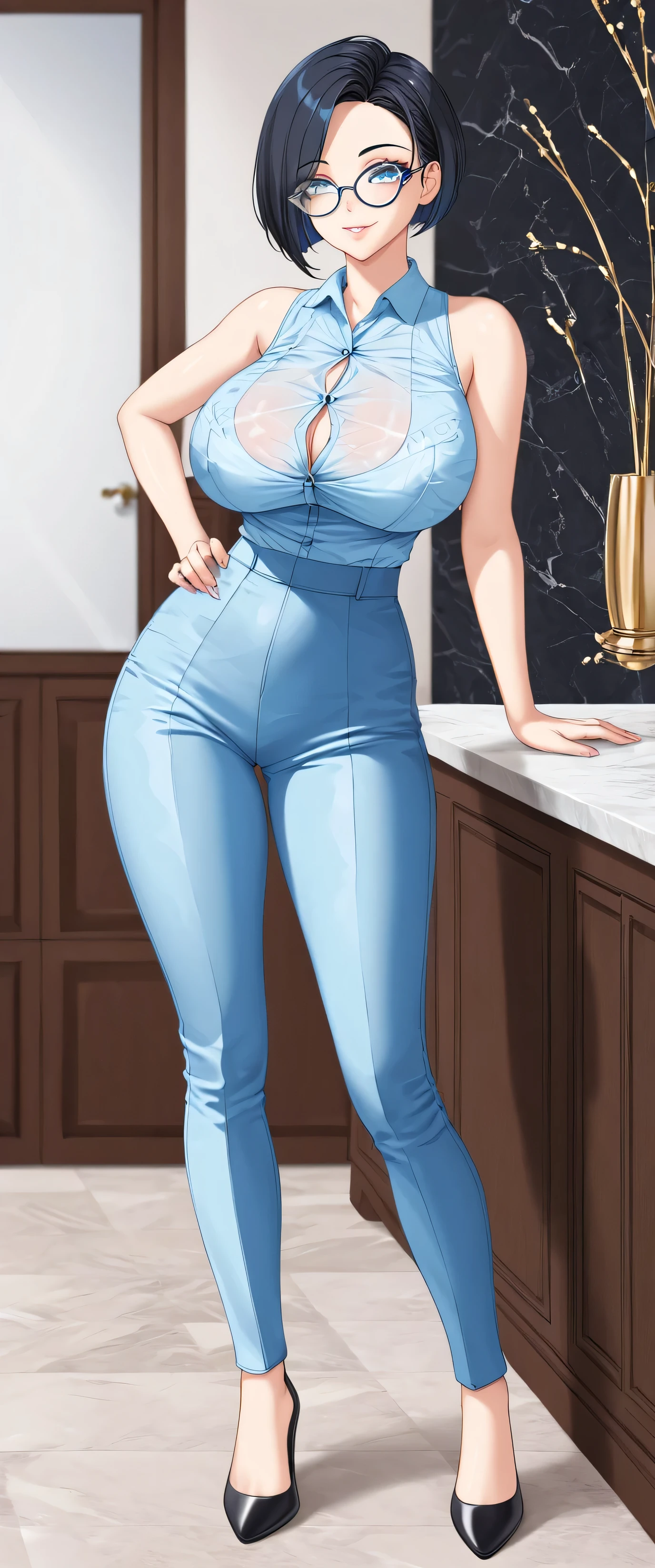 Beautiful woman big breasted beautiful sexy lady long round black hair cut her eyes dark blue eyelash small glasses Transparent soft pink lip glasses dresses sleeveless light blue button shirt and a long blue pants a black heel