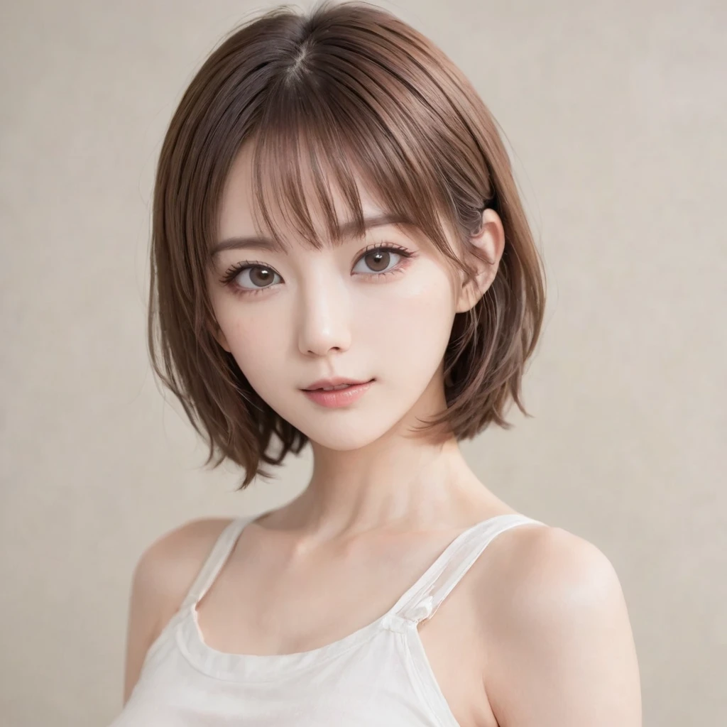 Japanese, Petite women,  Physical build, , Long, narrow eyes, A fleeting atmosphere, Age 30, Brown bob hair, ((Thin lips)), White underwear, necessity, Best Quality, Detailed skin, Detailed face, Detailed eyes, 8k, good anatomy, Upper body portrait