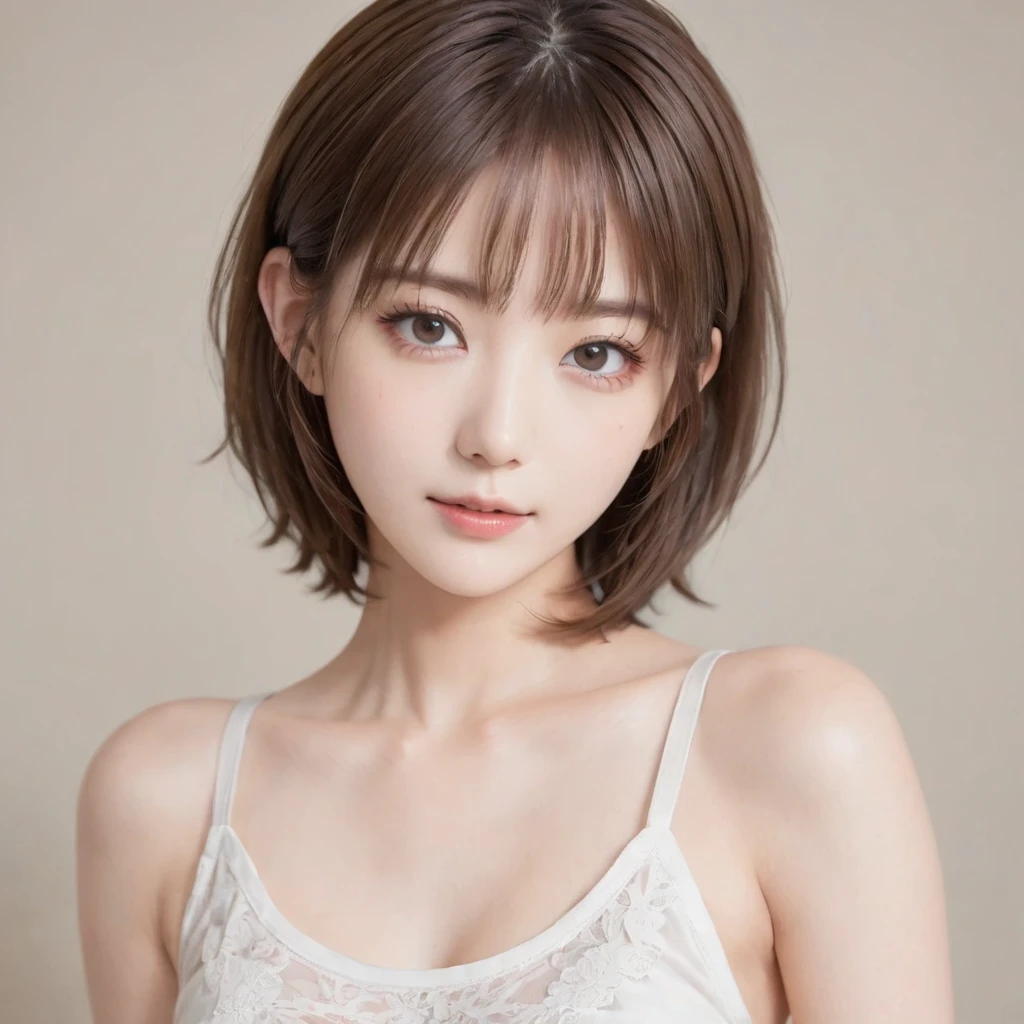 Japanese, Petite women,  Physical build, , Long, narrow eyes, A fleeting atmosphere, Age 30, Brown bob hair, ((Thin lips)), White underwear, necessity, Best Quality, Detailed skin, Detailed face, Detailed eyes, 8k, good anatomy, Upper body portrait