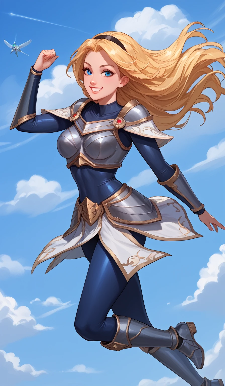 score_9, score_8_up, score_7_up, score_6_up, score_5_up, score_4_up, LuxLoLXL, blue eyes, blonde hair, long hair, black hairband, medium breasts, collarbone, shoulder armor, armor, blue bodysuit, breastplate, long sleeves, faulds, skirt, blue pants, armored boots, big breasts, smile, alone full body,sitting on a cloud, blue sky clouds,flying in the sky , knee high boots