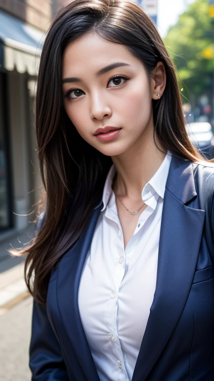 Face close-up, (8k, RAW Photos, 最high quality, masterpiece: 1.2), (Realistic, photoRealistic: 1.37), 1 Woman in a suit standing on the sidewalk, Cityscape, Day, Sunny Morning, Professional Lighting, Photon Mapping, Radio City, Brazilian Women, Torn, shirt, Woman in a suit, Silk Suit, masterpiece, 最high quality, high quality, High resolution, Big Tits, ((Face close-up)), Face close-up