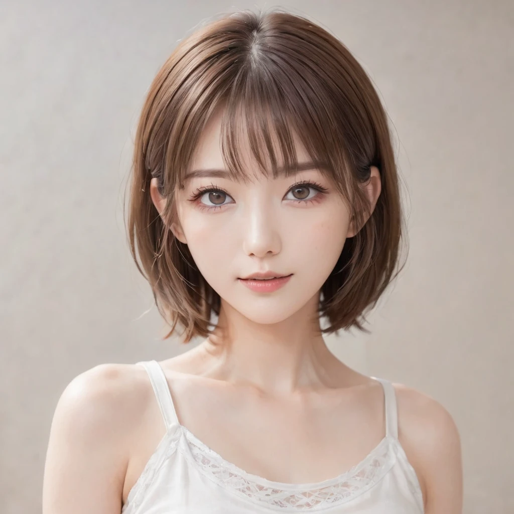 Japanese, Petite women,  Physical build, , Long, narrow eyes, A fleeting atmosphere, Age 30, Brown bob hair, ((Thin lips)), White underwear, necessity, Best Quality, Detailed skin, Detailed face, Detailed eyes, 8k, good anatomy, Upper body portrait