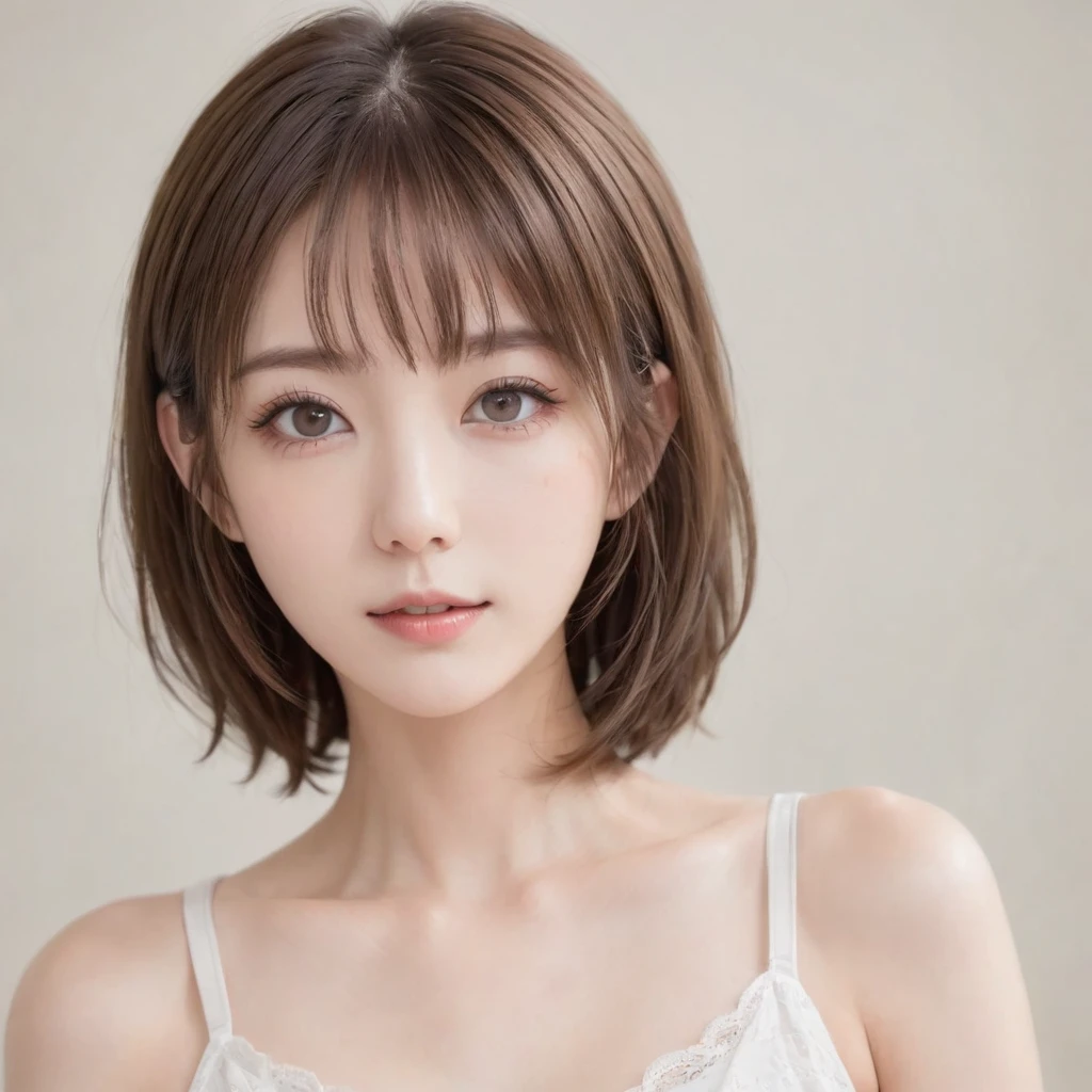 Japanese, Petite women,  Physical build, , Long, narrow eyes, A fleeting atmosphere, Age 30, Brown bob hair, ((Thin lips)), White underwear, necessity, Best Quality, Detailed skin, Detailed face, Detailed eyes, 8k, good anatomy, Upper body portrait