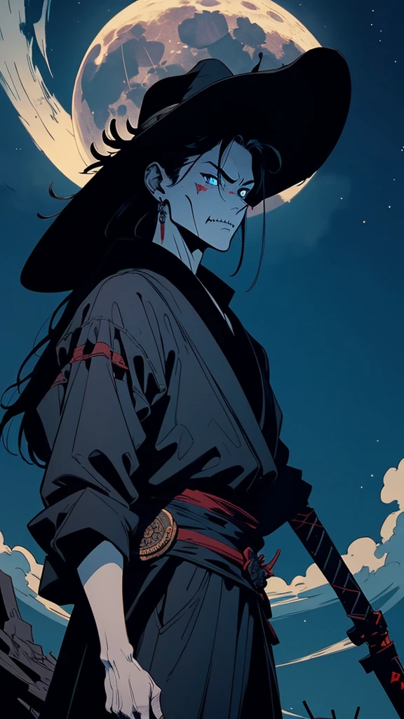 a skeletal samurai as the central subject. The samurai stands prominently in the foreground, wearing a tattered, dark robe and a wide-brimmed straw hat. Its skeletal structure is intricately detailed, with glowing blue eyes and a menacing grin. The background is a moonlit night sky, with a large, full moon casting an eerie glow over the scene. Surrounding the samurai are other skeletal figures, some holding weapons, creating a sense of an undead army. The landscape is barren, with scattered bones and weapons, enhancing the ominous atmosphere. The color palette is dominated by shades of blue, gray, and black, contributing to the haunting and mystical ambiance of the artwork. mythp0rt, 90's cartoon style, Vintage cartoon style, Jae Lee style