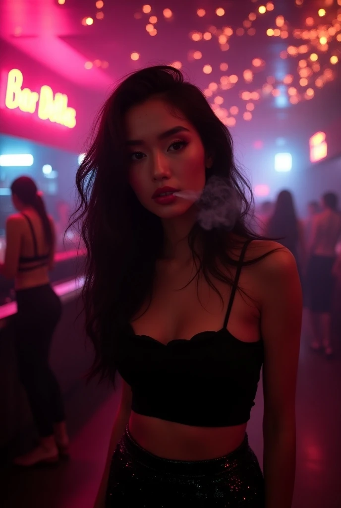 five cute girl, 13 yo, young Korean students working part-time hooker in a luxurious bar, dim light, completely nude, all looking younger and even cuter. s lewd and provocative,