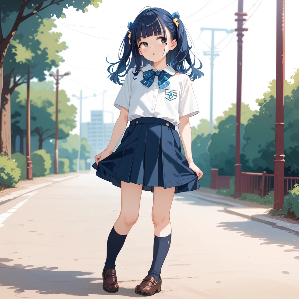 {{masterpiece, best quality, high resolution, perfect anotomy, super fine illustration:1.5, extremely detailed CG, 8k}}, white background,

 1 girl, ((full body)), standing, dynamic pose, looking away, from front,

14_yo, japanese girl, indigo blue hair, long hair, straight hair:1.2, hime cut, silky hair, detailed beautiful hair, wearing school swimsuit, knee-high socks, detailed beautiful face and beautiful eyes, ideal ratio face, oval face, rosy cheeks, navy eyes, (no makeup), mole under left eye, wide-set eyebrows, thick lips, ideal ratio body proportions:1.2, 7 heads tall, flat chest, clear skin,