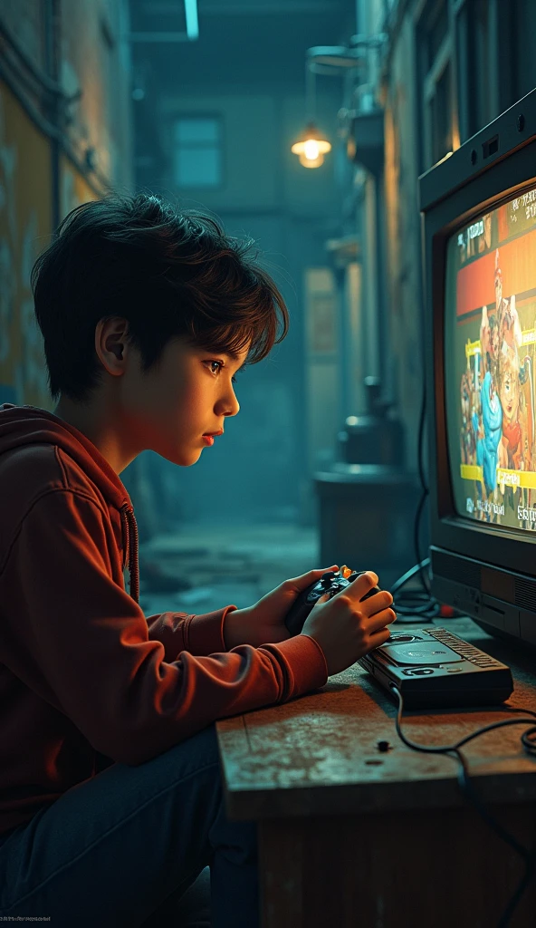 Create a picture where a boy who is a gamer is also dressed as a gamer with the gaming world behind him and he is holding a gun.