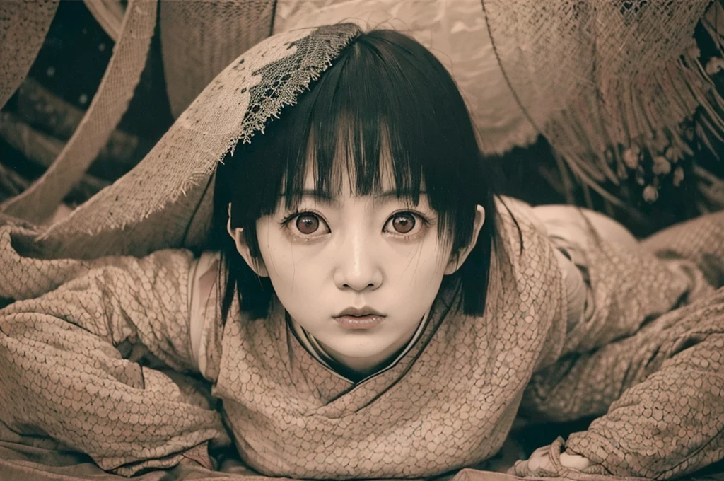 cute award-winning photography by (John Willhelm:1.5) of a 40 year old ( japanese woman:1.2) looking like Elija Wood(battling monsters designed by Charles Addams :1.4), natural color lips, dynamic pose, shot with fisheye lense, extra wide angle of view, view from below,